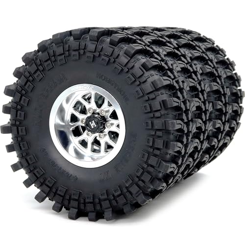 4pcs 1.9 Beadlock Wheels and Tires 121mm Tall, -10.5mm Negative Offset 1.9'' Rims and tyre for 1/10 RC Crawler SCX10 TRX4 Gen8 Upgrades - color: Silver