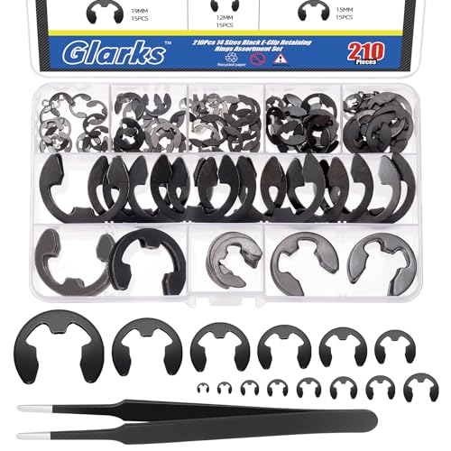 Glarks 211pcs 65Mn Steel E Clips Retaining Rings Assortment Set 14 Sizes E-Ring Circlip Rings Heat Treated External Retaining Clips E-Clips Retainer Circlip Rings with Tweezers for Gears