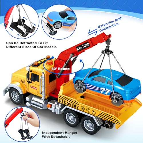 Kids Toys for 3 4 5 6 7 Years Old Boys, 15" Large Tow Truck Toy, Friction Powered Transport Truck Crane Vehicle Toy with Lights and Sounds, Racing Car, Traffic Signs, Birthday Gifts for Boys Girls - style: Tow Truck