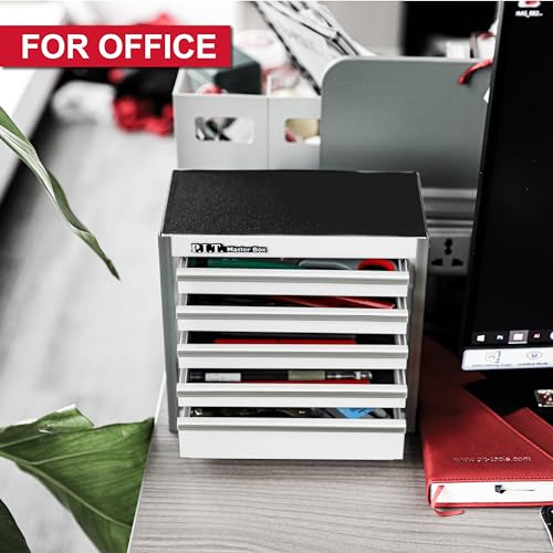 P.I.T. Mini Tool Box,Small Metal Toolbox Organizer with 5 Drawers,White | 8.6"W X 4.6"D Cute Size,Q235 Steel,Magnetic Locking Mechanism,PVC Drawer Liners - color: White, size: 5-Drawer