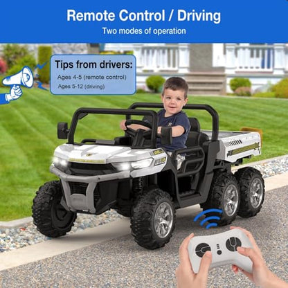 Hetoy 24V 2-Seater Ride On Dump Truck with Parent Remote Control, 4WD 6-Wheel Electric Car for Big Kids, UTV Style Dump Bed & Music Horn, ASTM/CPSIA Certified (Ages 3+) - color: White