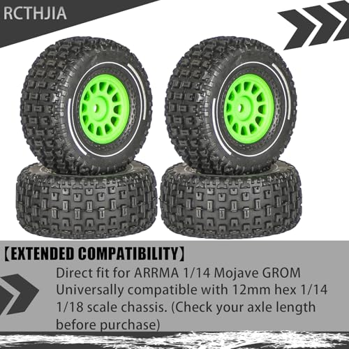 Pre-Glued 1/14 RC Truck Tires & Wheels (4PCS) - 12mm Hex All-Terrain Tires 2.56" OD - for Traxxas, ARRMA Mojave GROM,MJX Hyper Go 14301 14302 14303,Tamiya Kyosho HPI 1/14-1/18 Scale On/Off Road - color: Green