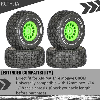 Pre-Glued 1/14 RC Truck Tires & Wheels (4PCS) - 12mm Hex All-Terrain Tires 2.56" OD - for Traxxas, ARRMA Mojave GROM,MJX Hyper Go 14301 14302 14303,Tamiya Kyosho HPI 1/14-1/18 Scale On/Off Road - color: Green