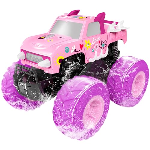 Threeking 1:16 Amphibious Monster Truck Pink Remote Control Car for Girls | Waterproof Durable 4WD Off-Road RC Crawler Cars Pick-Up Unique Toys Gifts for Ages 6-12 - color: Pink