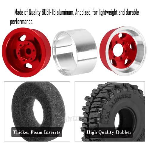 1.0 Beadlock Wheels and Tires for RC Crawler Car 1/18 TRX4M,1/24 SCX24,RC Off Road Buggy Rally Truck Wheels and Tires,RC Aluminium 1.0 in Rims and Rubber Tires w/Sponge,Red - color: Red - (1.0 in Beadlock Wheels)