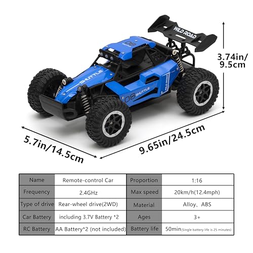 Remote Control Car RC Cars 1:16 All Terrain Monster Truck LED Headlights, Outdoor 2WD Off Road Hobby RC 2.4GHz High Speed, 20Km/h RC Car Toys Gift for Kids Boys 3 4 5-12 (Blue) - color: Blue