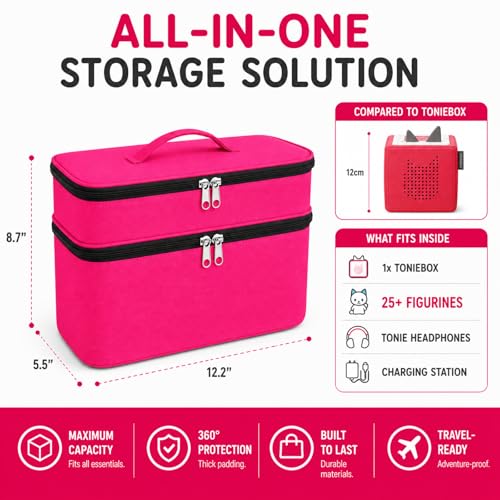 Bevegekos 2-Layer Carrying Case for Toniebox Gen 1 & 2, Holds 25+ Figures | 600D polyester, foam-padded interior, fits headphones & charging station, adjustable strap, perfect for travel and daily use - color: Rosy