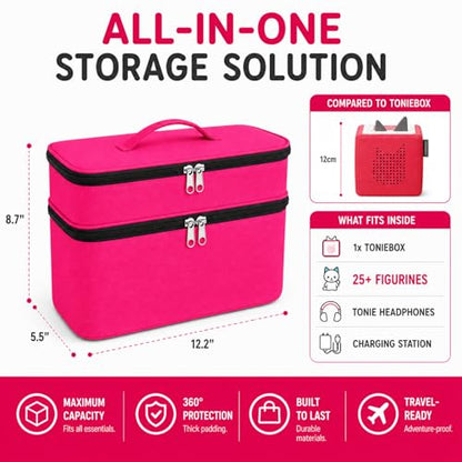 Bevegekos 2-Layer Carrying Case for Toniebox Gen 1 & 2, Holds 25+ Figures | 600D polyester, foam-padded interior, fits headphones & charging station, adjustable strap, perfect for travel and daily use - color: Rosy