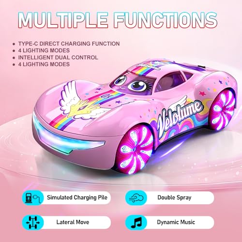Pink Remote Control Car – 360° Rotation, Left/Right Side Crawl, Dual Mist Spray, LED Light Show, Auto Play Mode Remote Control Vehicle, RC Cars for Girls Toys for Ages 8-13 Kids, Boys Birthday Gift - color: Pink