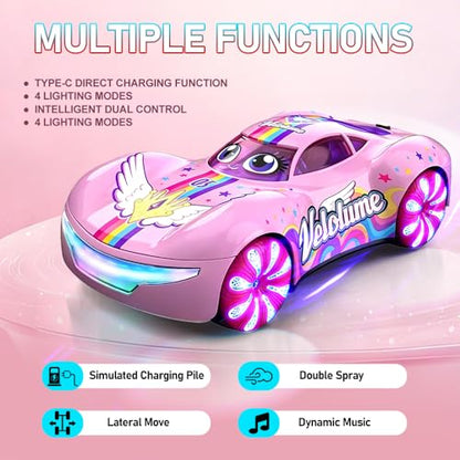 Pink Remote Control Car – 360° Rotation, Left/Right Side Crawl, Dual Mist Spray, LED Light Show, Auto Play Mode Remote Control Vehicle, RC Cars for Girls Toys for Ages 8-13 Kids, Boys Birthday Gift - color: Pink