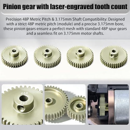 4Pcs 48P Aluminum Alloy Pinion Gear Set 3.175mm 38T 39T 40T 41T Motor Pinion Gear W M4 Screw and Hex Key, Fit 3.175mm (1/8-Inch) Shaft, for Arrma HPI Kyosho Losi Axial Traxxas Tamiya 1/10 RC Car - size: 48P-P-3.175mm-38-41T