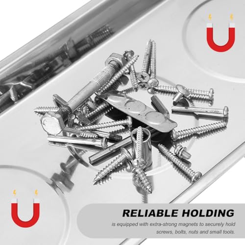 4PCS Magnetic Tray Set with Magnet Stick, Round Rectangular Tray Metal Parts Holder w/Telescoping Pickup Tool, Automotive Stainless Steel Thickened Trays for Screws, Nuts, Bolts