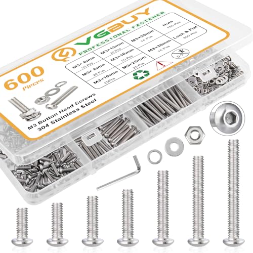 VGBUY 600pcs M3 Screw Assortment Kit, M3 Screws (8 Sizes 6-30mm) for 3D Printer DIY, Hex Button Head Cap Screws Bolts Nuts Washer Kit, 304 Stainless Steel, 6/8/10/12/16/20/25/30mm - size: M3x6/8/10/12/16/20/25/30mm, style: Button Head