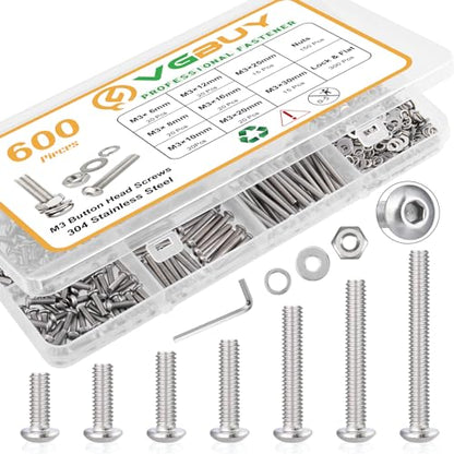 VGBUY 600pcs M3 Screw Assortment Kit, M3 Screws (8 Sizes 6-30mm) for 3D Printer DIY, Hex Button Head Cap Screws Bolts Nuts Washer Kit, 304 Stainless Steel, 6/8/10/12/16/20/25/30mm - size: M3x6/8/10/12/16/20/25/30mm, style: Button Head