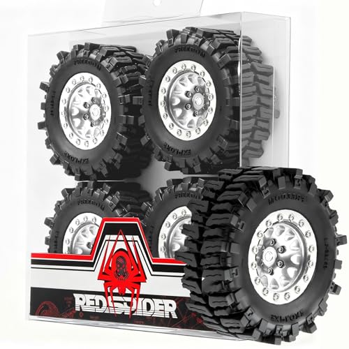 REDSPIDER RC 1.3inch Beadlock Wheels and Crawler Tires 64mm * 26mm Mud Slingers X Super Soft Sticky Tyres For RC 1/24 1/18 Scale Crawler TRX4M SCX24 FCX24 FCX18 (Silvery) - color: Silvery