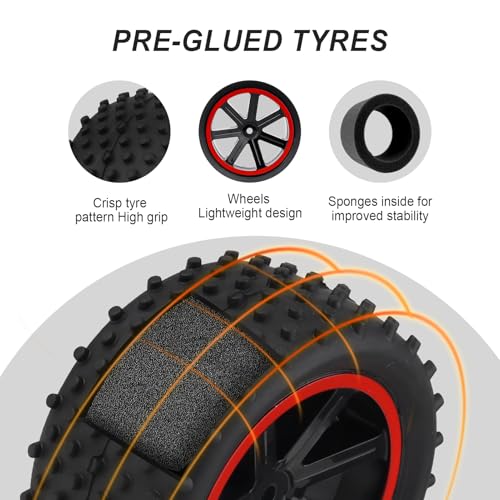 HobbyPark 12mm Hex PreGlued 1/10 RC Buggy Tires and Wheels Set Mounted for Traxxas Bandit VXL Losi Redcat Wltoys 144001 2S 3S Lipo Brushless Motor (Style A)