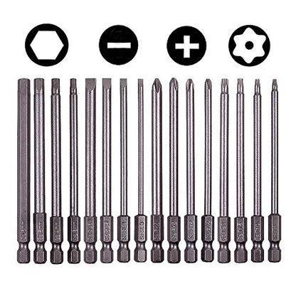 Rocaris 16 Pack 1/4 Inch Hex Shank Long Magnetic Screwdriver Bits Set 4 in Power Tools(Slotted+Cross+Hex+Plum blossom) - size: 16Pcs(Slotted+Cross+Hex+Plum Blossom)
