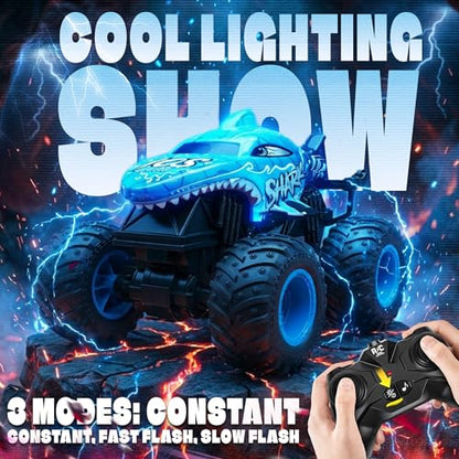 BEZGAR Monster Truck Toys, 1:20 Remote Control Car with Light & Music | Blue Dinosaur Toys for Kids, RC Truck with 360° Spins and Drifting, Toy Car Gifts for Boys, Battery Life of 20 Minutes - color: Blue Shark