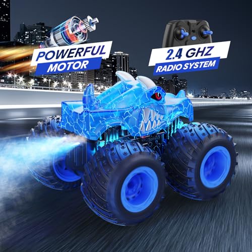 BAODLON Remote Control Monster Car, 2.4GHz RC Monster Trucks Toys for 3 4 5 6 7 8 Years Old Boys Kids, All Terrain RC Truck Off Road with Spray, Light, Rechargeable Battery, Christmas Birthday Gifts - style: Dinosaur-blue