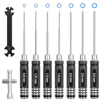 RC Hex Screwdriver Tool Set: 0.9mm 1.27mm 1.3mm 1.5mm 2.0mm 2.5mm 3.0mm Screwdriver Kit with Hex Nut Driver and RC Car Wrench Tool Kit for Multi-Axis FPV Racing Drone Quadcopter Helicopter