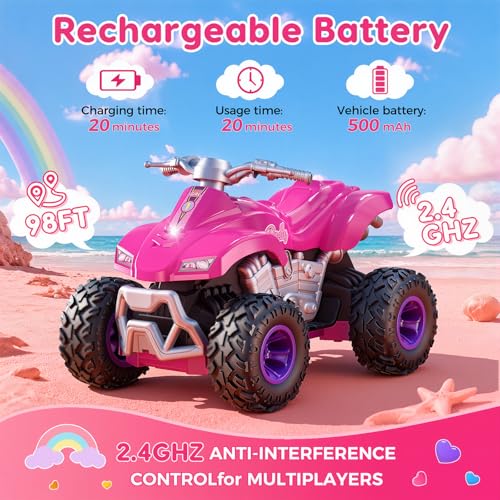 RC Cars for Girls, 2.4GHz Remote Control Car, Off-Road Vehicle, Toy Car for 11.5 Fashion Dolls, Birthday Gift for Kids Ages 3+ (ATV Style)