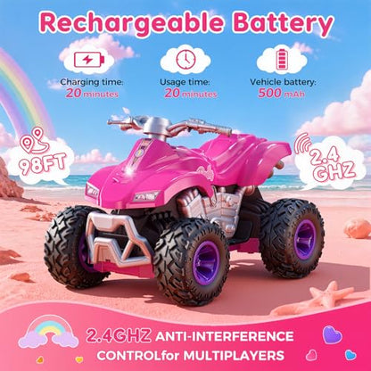 RC Cars for Girls, 2.4GHz Remote Control Car, Off-Road Vehicle, Toy Car for 11.5 Fashion Dolls, Birthday Gift for Kids Ages 3+ (ATV Style)