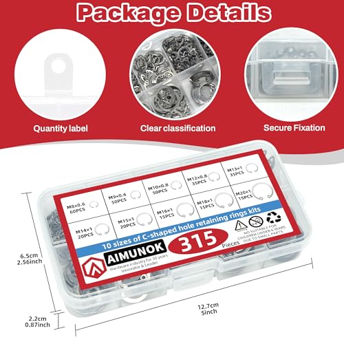 Internal Snap Ring Kit, Metric E-Clip Assortment 315Pcs for Shaft Size M8 M10 M12 M14 M16 M18 M20 | 304 Stainless Steel Retaining Circlips for Grooved Shafts & Studs | AIMUNOK - size: 315pcs-Internal ring (304SS)