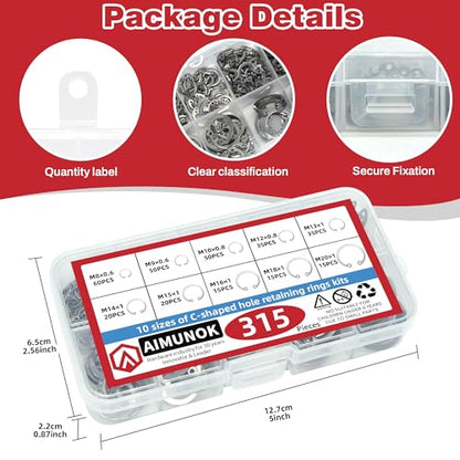 Internal Snap Ring Kit, Metric E-Clip Assortment 315Pcs for Shaft Size M8 M10 M12 M14 M16 M18 M20 | 304 Stainless Steel Retaining Circlips for Grooved Shafts & Studs | AIMUNOK - size: 315pcs-Internal ring (304SS)