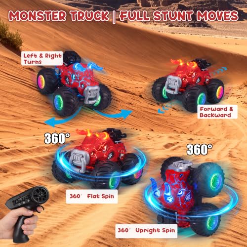 Remote Control Monster Truck Toys - 1000mAh Battery RC Stunt Car (Red) | 2.4GHz Remote Control, Flat & Upright 360° Spins, Trucks for Kids Ages 4-12, Birthday & Holiday Gifts for Boys & Girls - color: Red