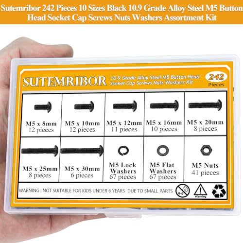 242 Pieces M5 Screws Nuts Washers Set Black, Sutemribor M5 x 8/10/12/16/20/25/30mm Button Head Socket Cap Screws Nuts Washers Assortment Kit, 10.9 Grade Alloy Steel, Fully Threaded - size: M5 x 8-30mm, style: Button Head
