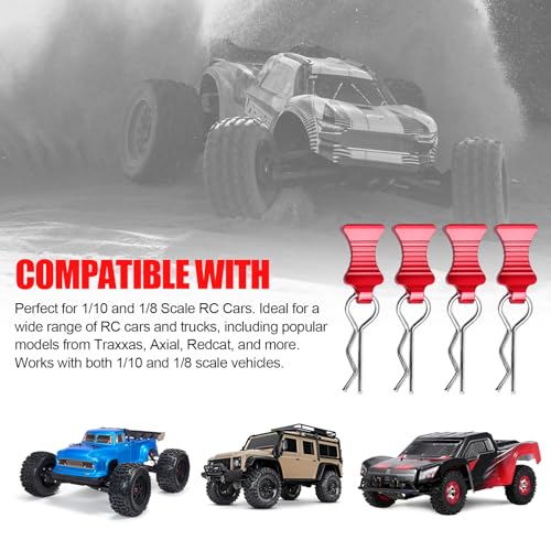4-Pack Universal RC Body Clips with Tabs, Metal Handled Clips for 1/12 1/10 1/8 RC Cars and Trucks, Heavy Duty Body Mounting Clips Shell Replacement (Red) - color: Red