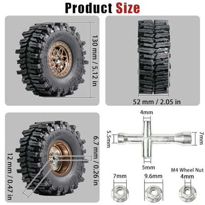 2.2 RC Crawler Tires Wheels Set, Mud Terrain Tires with Aluminum Beadlock Rims Brake Discs, 12mm Hex 5.5mm Positive Offset for Axial SCX10 SCX10 II III Pro Traxxas TRX4 TRX6 Redcat Gen8 VS4-10 - color: Bronze
