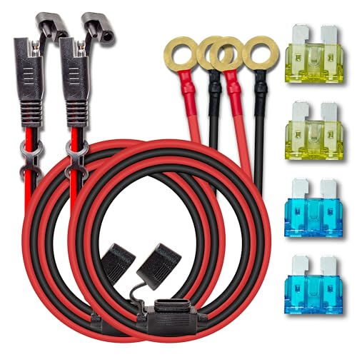 BFXM 2 Pcs 10AWG 2FT SAE Connector Extension Cables with 15& 20A Fuse | 2 Pin SAE to O Ring Terminal Quick Disconnect Harness for Car, Motorcycle, Solar Panel - color: 10awg2ft*2