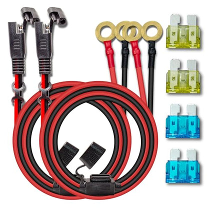 BFXM 2 Pcs 10AWG 2FT SAE Connector Extension Cables with 15& 20A Fuse | 2 Pin SAE to O Ring Terminal Quick Disconnect Harness for Car, Motorcycle, Solar Panel - color: 10awg2ft*2