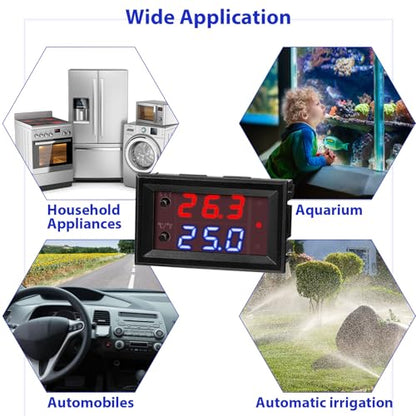 Weewooday 2 Pcs 12v Electronic Temperature Controller Programmable -50 to 110°C Heating/Cooling Thermostat Control Switch Module Ntc Waterproof Sensor Probe Dual Color LED Display Monitor