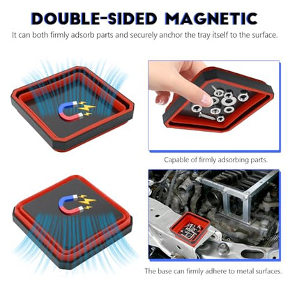 Collapsible Magnetic Parts Tray, 4.5 Inch Square Silicone Tray Holder with Double-Sided Magnetic Base, Foldable Tool Trays for Screw Bolts Nuts Pins Small Parts, Car Accessories (Red) - color: Red