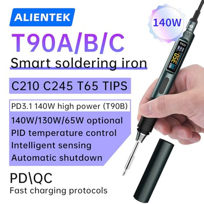 T90 Smart Soldering Iron 140W PD3.0 QC Fast Heating Digital Soldering Pen with LCD Display, Portable USB‑C Soldering Tool for Electronics Repair, DIY, PCB Soldering (T90B soldering iron Set))