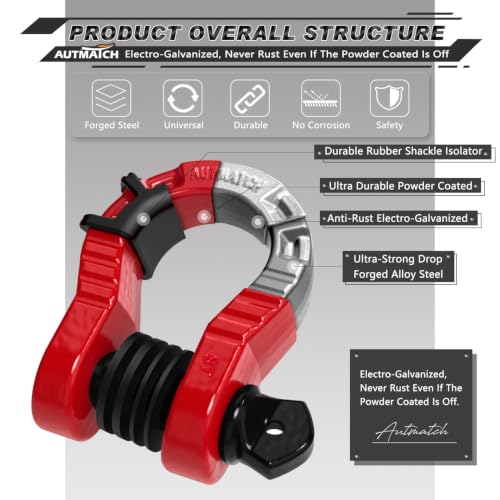 AUTMATCH D Ring Shackles 3/4" Mega Shackle (2 Pack) 68,000Ibs Break Strength - Heavy Duty Clevis Shackle 7/8" Screw Pin & Isolator Washer for Tow Strap Winch Off Road Vehicle Recovery, Red & Black - color: Red & Black