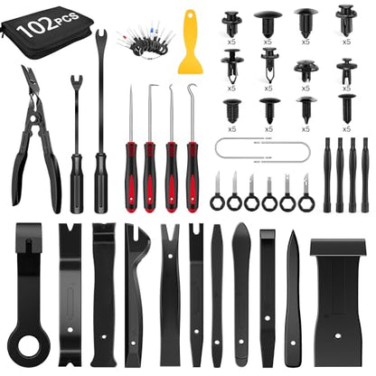 GOOACC 102Pcs Trim Removal Tool, Auto Push Pin Nylon Bumper Retainer Clip Set Fastener Terminal Remover Tool Round Handle Crowbar Kit Car/Radio Panel, Black - color: 102Pcs Clips+ Remover Black