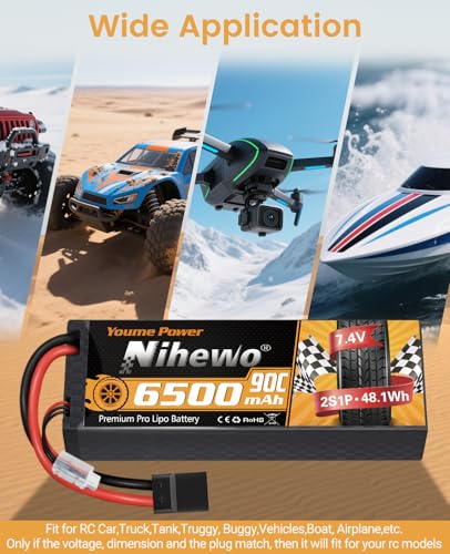 2S Lipo Battery 6500mAh 7.4V RC Battery 90C Hard Case with Tr + EC5 Plug Compatible with RC Car Truck Vehicles Truggy Buggy Boat Airplane Models (2 Packs)