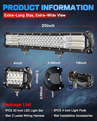 20In LED Light Bar and 4In LED Cube Pod Lights with Wiring Harness | 16AWG Spot Flood Combo Beam with 3Pin Rocker Switch LED Off Road Driving Work Lights Bar for Je-ep Truck SUV Pickup Golf Cart - size: 20 Inch + 4 Inch LED Light Bar with Rocker Switch