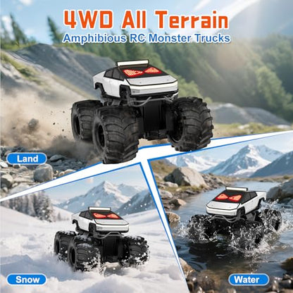 Remote Control Car with LED Eyes, Amphibious Monster Truck Boys Toys RC Cars, 2.4 GHz Waterproof RC Trucks, Rechargeable 4WD All Terrain Off-Road Pickup, Boy Christmas Birthday Gifts Kids Toys Ages 6+ - color: Light Silver