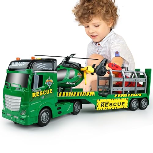 Dwi Dowellin Carrier Truck Kids Toys,25.6" Semi Truck Toy with Helicopter and Dinosaurs,Gifts for Age 3 4 5 6+ Years Old Boys Girls - style: Dinosaurs Truck