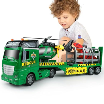 Dwi Dowellin Carrier Truck Kids Toys,25.6" Semi Truck Toy with Helicopter and Dinosaurs,Gifts for Age 3 4 5 6+ Years Old Boys Girls - style: Dinosaurs Truck