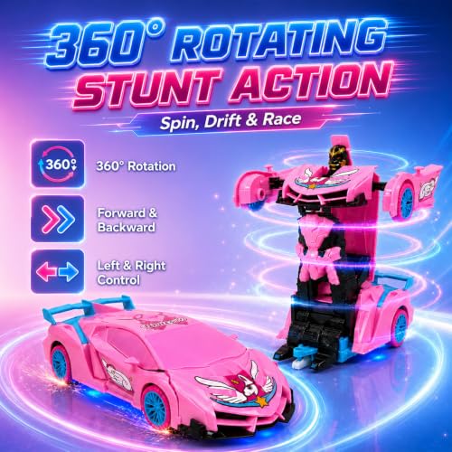Unicorn Remote Control Car Toy for Girls, 2.4GHz RC Stunt Car with Lights | Magical 2-in-1 Unicorn Robot Car with One-Button Transformation, 360° Rotation, Racing Fun Gift Toys for Girls Ages 4-7