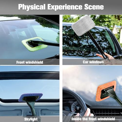 Car Windshield Cleaning Tool, Vehicle Window Wash Brush with 4 Washable and Reusable Microfiber Pads, Extendable Handle Automotive Glass Wiper Cleaning Kit, Universal Fit