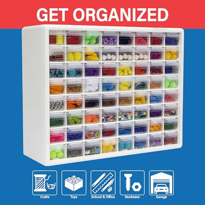 Akro-Mils 64-Drawer Plastic Drawer Storage Cabinet for Garage Organization, Bead Organizer, Building Bricks Storage, Teacher Toolbox, Makeup Organizer, 20" W x 6" D x 16" H, 10164 White | Plastic Cabinet w/ Drawers for Garage Organization, Beads, Building