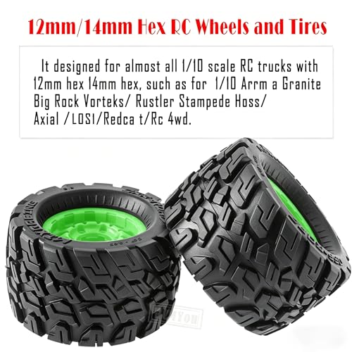 RC Truck Tires Wheel 12mm/14mm Hex for 1/10 Big Rock Granite Vortek/Stampede Rustler Hoss/Axia1/L0s1/Redca t/Rc 4wd,4-Pack RC Wheels Tires,Green - color: Green for 1/10 Arrma