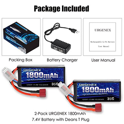 7.4V Lipo Battery 2S 35C 1800mAh Rechargeable RC Battery Pack with Deans T Plug Campatibal with Most 1/10, 1/16 Scale RC Cars Trucks and 7.4V 1to2 USB Lipo Battery Charger