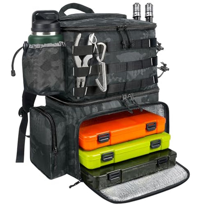 MATEIN Fishing Backpack, Tackle Storage Bag with Rod Holders & Cooler | Water Resistant Fishing Bag Fits 4 3600 Trays, Large Wide Open Tackle Box Backpack, Gifts for Fishermen - color: Camouflage - Large